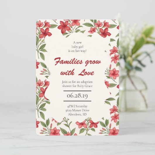 Elegante Rode Bloemen Botanische Adoptie Douche Kaart (Staand voorkant)