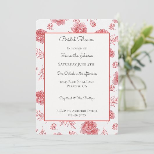 Elegante Rode Bloemen Bruidsdouche   Kaart (Staand voorkant)
