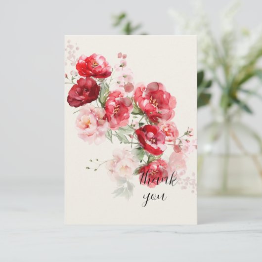 Elegante rode bloemen eenvoudige crème bruiloft bedankkaart (Staand voorkant)