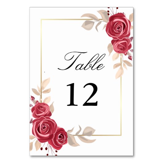 Elegante Rode Bloemen Goud Lijst Trouwtafel Nummer Kaart (Voorkant)
