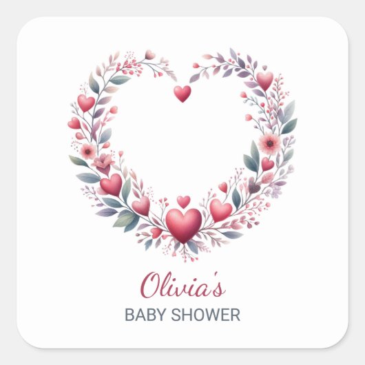 Elegante Rode Bloemen Hart Baby shower Envelop Afd Vierkante Sticker (Voorkant)