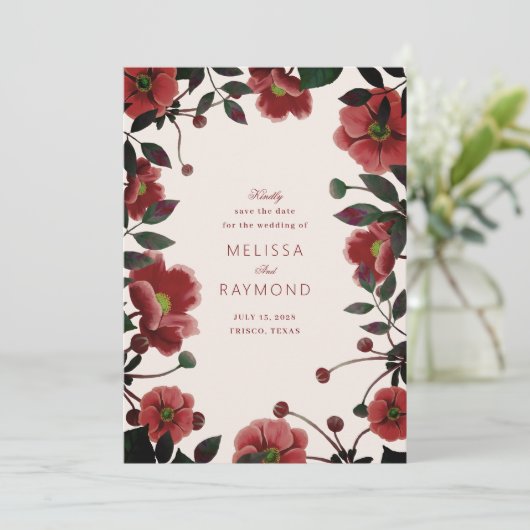 Elegante rode bloemen opslaan de datum kaart (Staand voorkant)