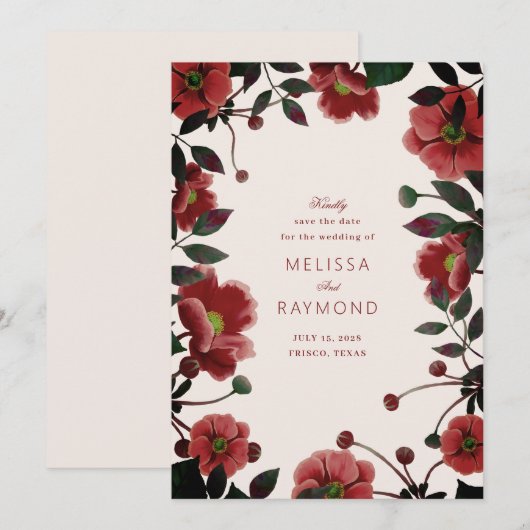 Elegante rode bloemen opslaan de datum kaart (Voorkant / Achterkant)