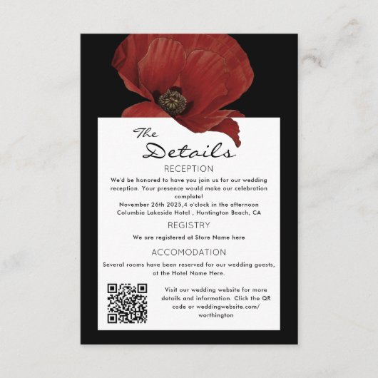 Elegante Rode Bloemen QR Code Bruiloft Gast Detail Informatiekaartje (Voorkant)