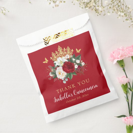 Elegante rode bloemen Quinceañera Dank u Bedankzakje (Gezegeld)