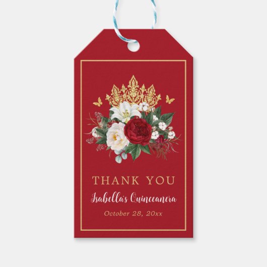 Elegante Rode Bloemen Quinceañera Dank u wel Cadeaulabel (Voorkant)