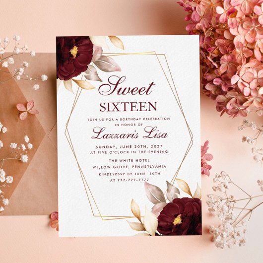 Elegante Rode Bloemen Sweet Sixteen 16 Verjaardag Kaart