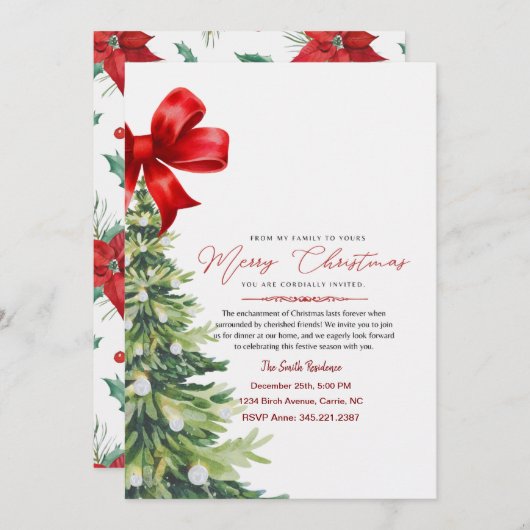 Elegante Rode Bloemen Waterverf Kerstuitnodiging Kaart (Voorkant / Achterkant)