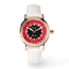 Elegante rode bloemen zwart midden wit detail teks horloge
