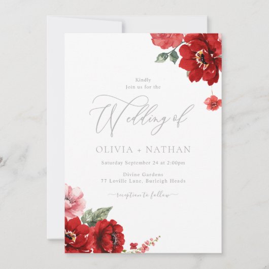 Elegante rode bloemenbruiloft kaart (Voorkant)