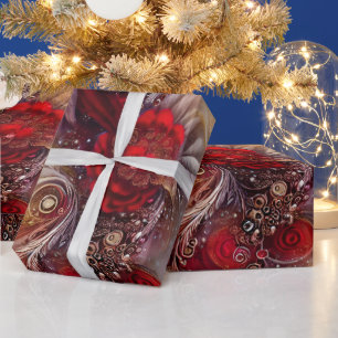 Elegante rode bloemengouden veren kralen cadeaupapier