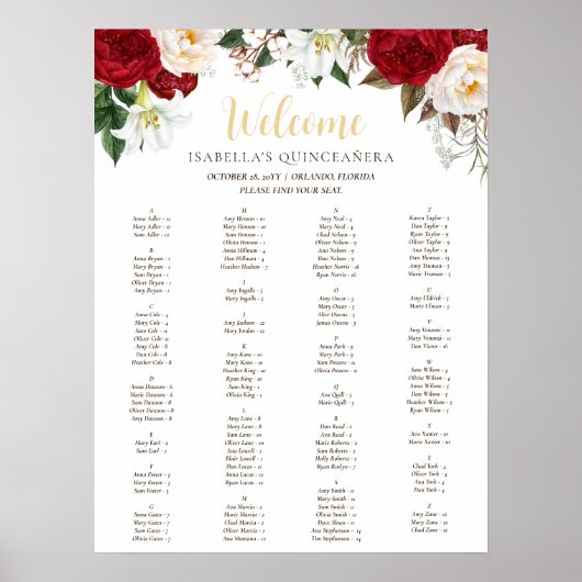 Elegante rode bloemenquinceañera zitkaart poster (Voorkant)