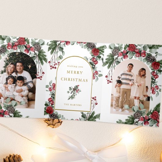 Elegante rode bloemfoto Kerstmis Drieluik Wenskaart