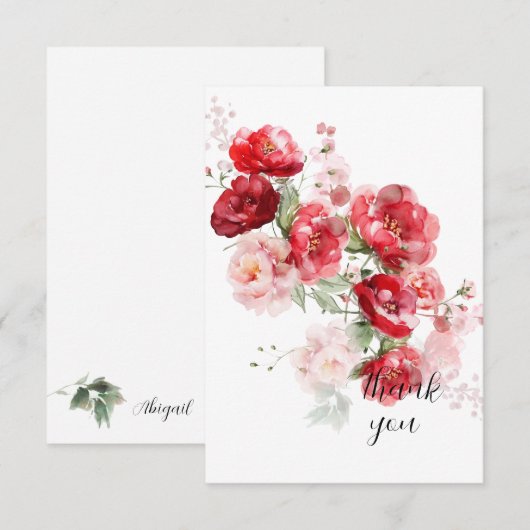 Elegante Rode Bloemige Eenvoudige Maatwerk  Bedankkaart (Voorkant / Achterkant)