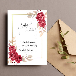 Elegante RODE Bloemige Gouden Lijst Bruiloft RSVP  Kaart
