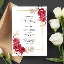 Elegante rode bloemige trouwuitnodiging met gouden kaart