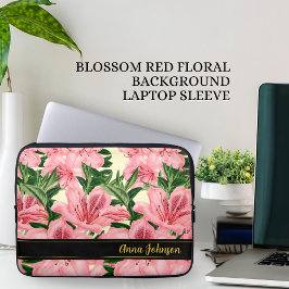Elegante rode bloemmotief gepersonaliseerde naam laptop sleeve