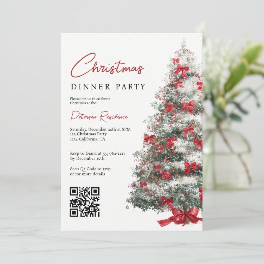Elegante Rode Bogen Kerstboom QR Code Party Kaart (Staand voorkant)
