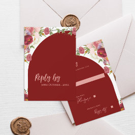 Elegante rode boog blos perzik bloemen bruiloft RSVP kaartje
