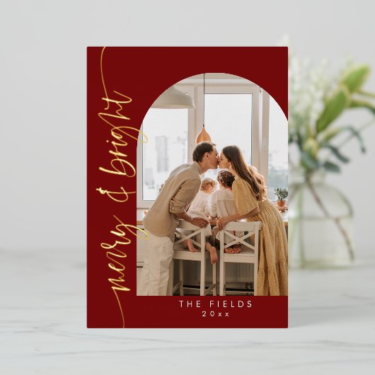 Elegante rode boog foto familie kerst folie feestdagenkaart (Staand Voorkant)