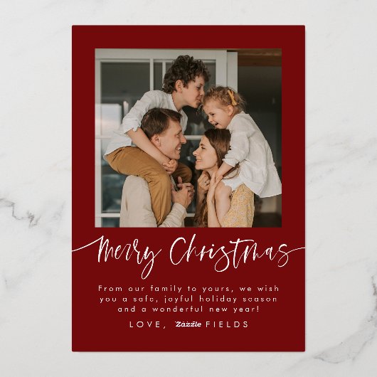 Elegante rode boog foto familie kerst folie feestdagenkaart (Achterkant)