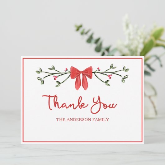 Elegante rode boog gepersonaliseerde familie kerst bedankkaart (Staand voorkant)