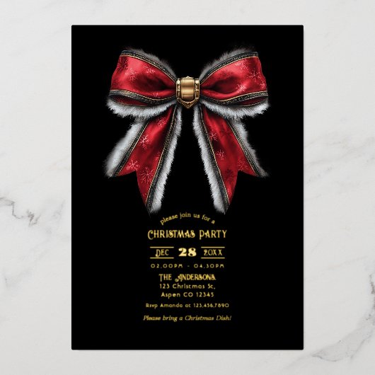 Elegante rode boog & gouden folie kerstfeest folie uitnodiging (Voorkant)