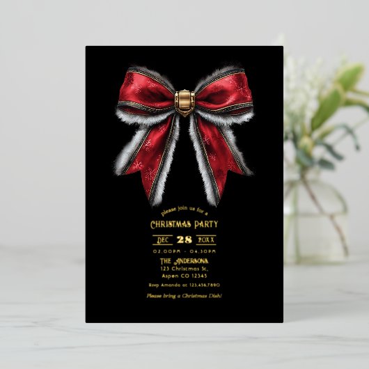 Elegante rode boog & gouden folie kerstfeest folie uitnodiging (Staand Voorkant)