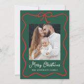 Elegante rode boog lint groen 2 foto feestdagenkaart (Voorkant)