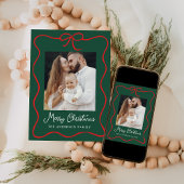 Elegante rode boog lint groen 2 foto feestdagenkaart