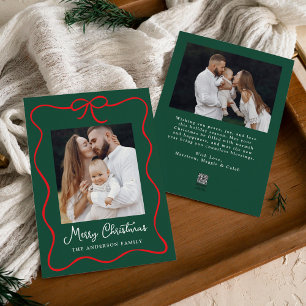 Elegante rode boog lint groen 2 foto feestdagenkaart