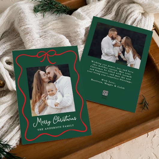 Elegante rode boog lint groen 2 foto feestdagenkaart