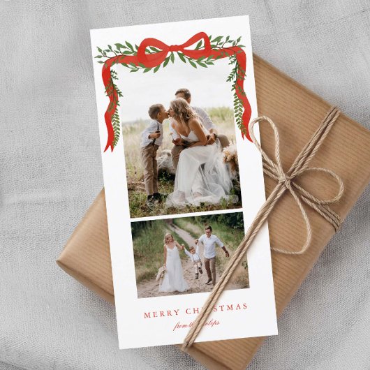 Elegante rode boog met groen 2 foto kerst feestdagenkaart