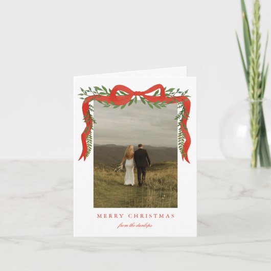 Elegante rode boog met groen Foto Kerstmis Feestdagen Kaart (Voorkant)