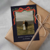 Elegante rode boog met groen Foto Kerstmis Feestdagenkaart