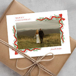 Elegante rode boog met groen Foto Kerstmis Feestdagenkaart