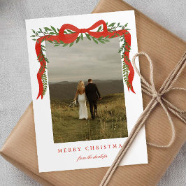 Elegante rode boog met groen Foto Kerstmis Feestdagenkaart