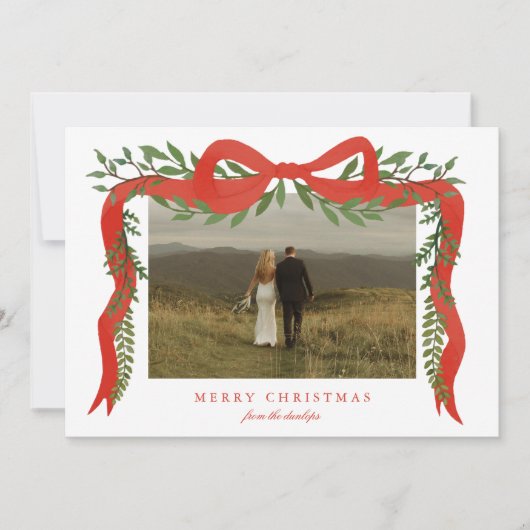 Elegante rode boog met groen Foto Kerstmis Feestdagenkaart (Voorkant)