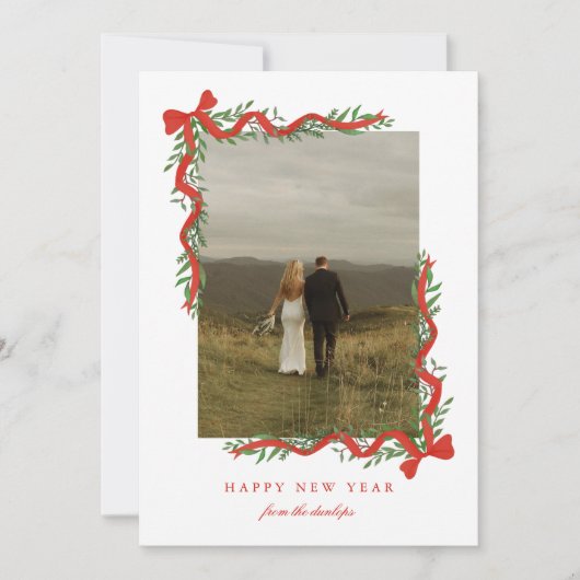 Elegante rode boog met groen Foto Nieuwjaar Feestdagenkaart (Voorkant)
