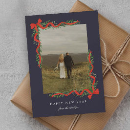 Elegante rode boog met groen Foto Nieuwjaar Feestdagenkaart
