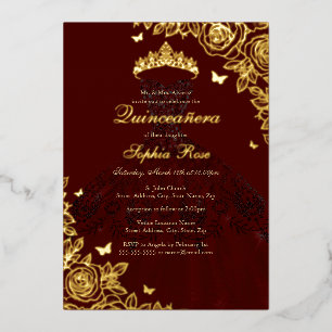 Elegante Rode Bourgogne Gouden Roze Jurk Quinceane Folie Uitnodiging