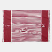 Elegante rode Bourgogne streep monogram naam Theedoek (Horizontaal)