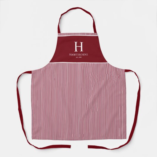 Elegante rode Bourgondië streep monogram naam Schort (Voorkant)