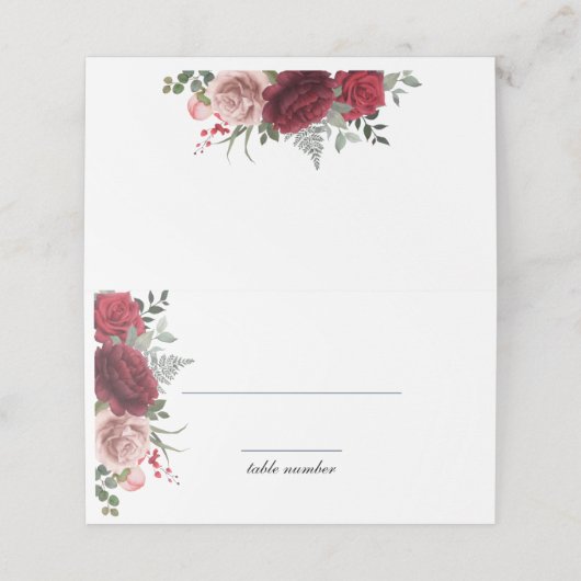 Elegante rode Bourgondische Blush Rozen bruiloft Plaatskaartje (Buitenkant ongevouwen)