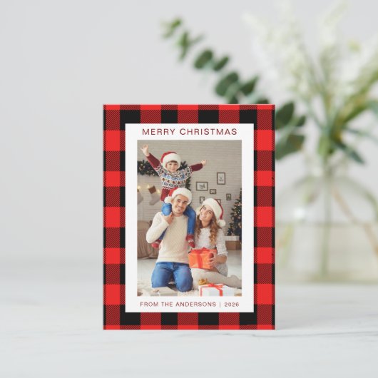 Elegante Rode Buffalo Plaid Kerstmis Familie 1 Fot Feestdagenkaart (Staand voorkant)