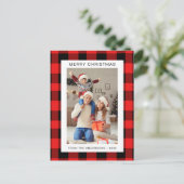 Elegante Rode Buffalo Plaid Kerstmis Familie 1 Fot Feestdagenkaart (Staand voorkant)