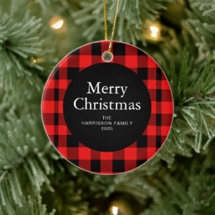 Elegante Rode Buffalo Plaid Kerstmis Familie 1 Fot Keramisch Ornament