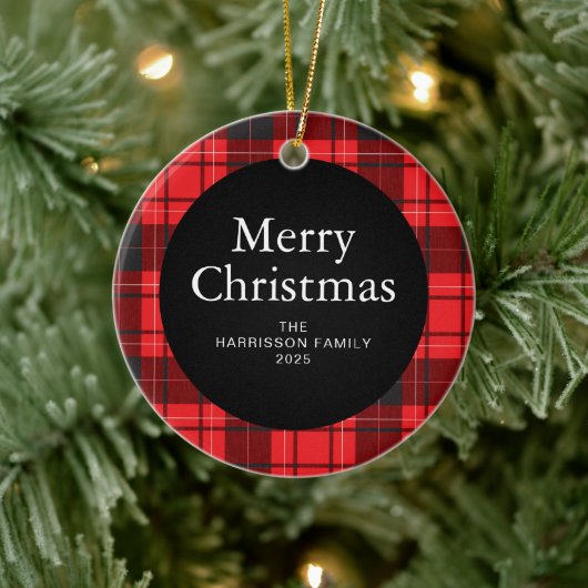 Elegante Rode Buffalo Plaid Kerstmis Familie 1 Fot Keramisch Ornament (Boom)