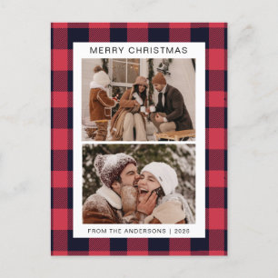 Elegante Rode Buffalo Plaid Kerstmis Familie 2 Fot Feestdagenkaart