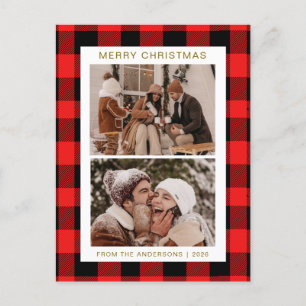 Elegante Rode Buffalo Plaid Kerstmis Familie 2 Fot Feestdagenkaart